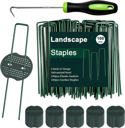 Landscape Staples 6 Inch 50 Pack Kit, Heavy Duty 11 Gauge Hot-Dip Galvanized Garden Stakes with 50 Gaskets & 1 Pick Hook for Weed Barrier, Landscape Fabric, Sod, Turf & Garden Edging