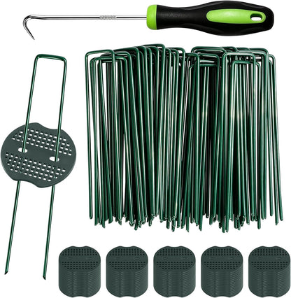 Landscape Staples 6 Inch 50 Pack Kit, Heavy Duty 11 Gauge Hot-Dip Galvanized Garden Stakes with 50 Gaskets & 1 Pick Hook for Weed Barrier, Landscape Fabric, Sod, Turf & Garden Edging