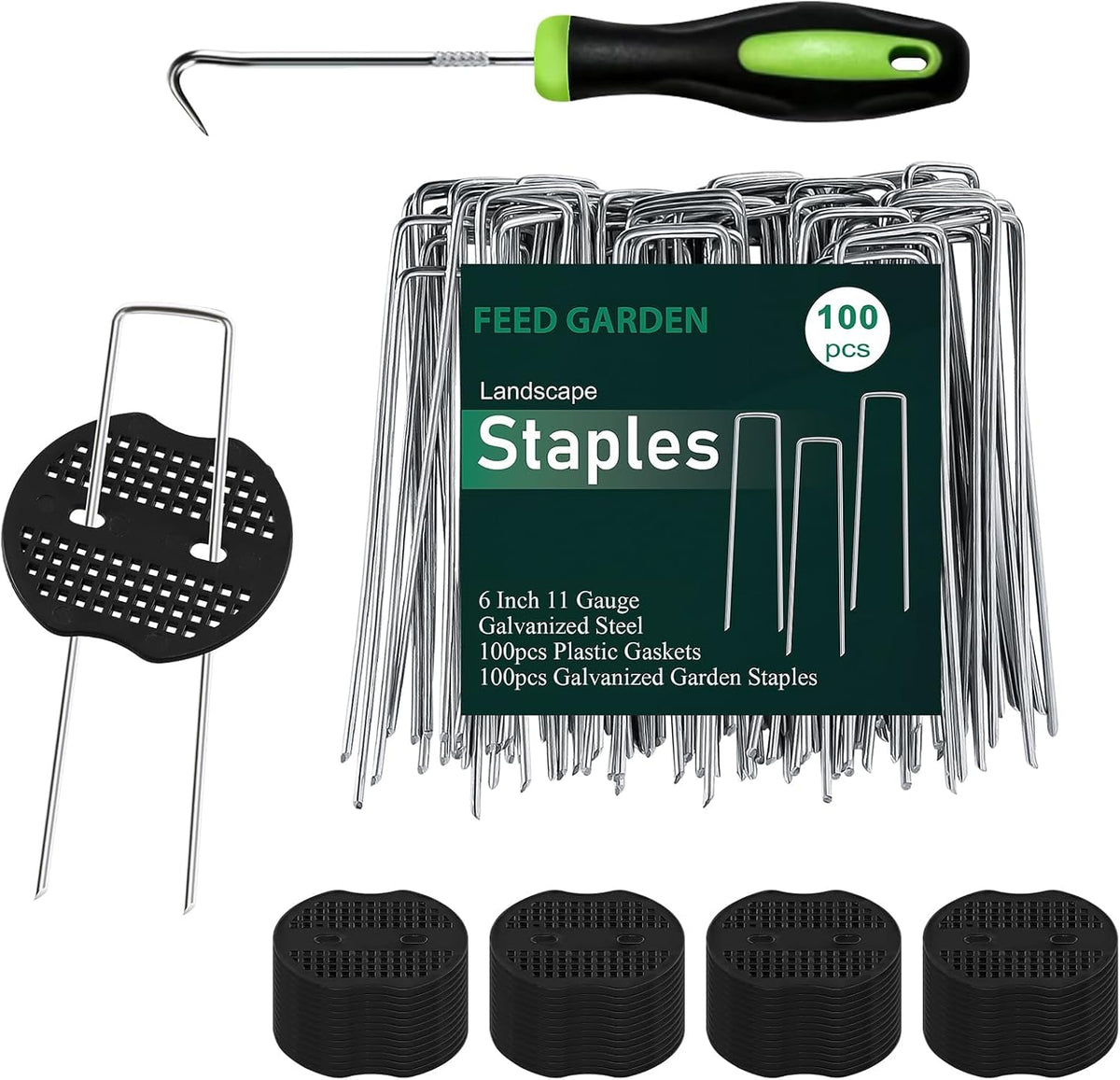 Landscape Staples 6 Inch 50 Pack Kit, Heavy Duty 11 Gauge Hot-Dip Galvanized Garden Stakes with 50 Gaskets & 1 Pick Hook for Weed Barrier, Landscape Fabric, Sod, Turf & Garden Edging