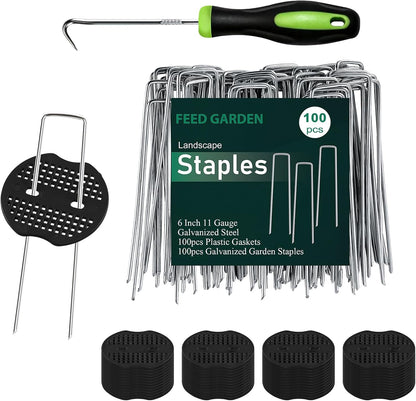 Landscape Staples 6 Inch 50 Pack Kit, Heavy Duty 11 Gauge Hot-Dip Galvanized Garden Stakes with 50 Gaskets & 1 Pick Hook for Weed Barrier, Landscape Fabric, Sod, Turf & Garden Edging