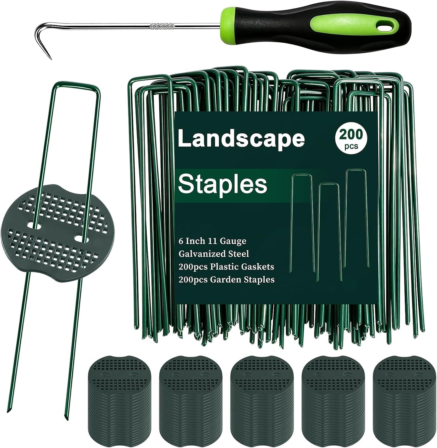 Landscape Staples 6 Inch 50 Pack Kit, Heavy Duty 11 Gauge Hot-Dip Galvanized Garden Stakes with 50 Gaskets & 1 Pick Hook for Weed Barrier, Landscape Fabric, Sod, Turf & Garden Edging