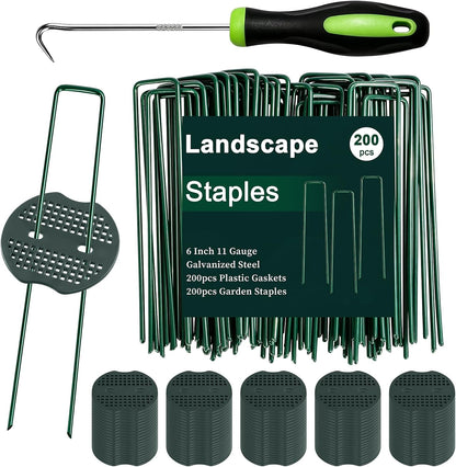 Landscape Staples 6 Inch 50 Pack Kit, Heavy Duty 11 Gauge Hot-Dip Galvanized Garden Stakes with 50 Gaskets & 1 Pick Hook for Weed Barrier, Landscape Fabric, Sod, Turf & Garden Edging