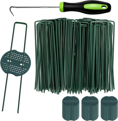 Landscape Staples 6 Inch 50 Pack Kit, Heavy Duty 11 Gauge Hot-Dip Galvanized Garden Stakes with 50 Gaskets & 1 Pick Hook for Weed Barrier, Landscape Fabric, Sod, Turf & Garden Edging