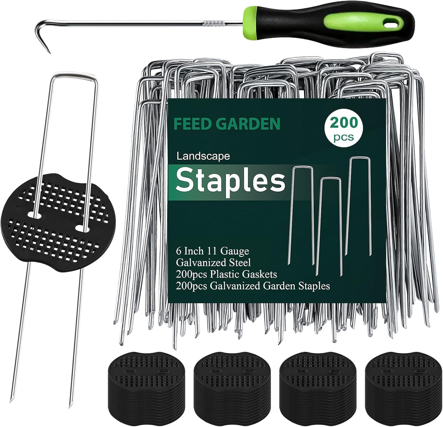 Landscape Staples 6 Inch 50 Pack Kit, Heavy Duty 11 Gauge Hot-Dip Galvanized Garden Stakes with 50 Gaskets & 1 Pick Hook for Weed Barrier, Landscape Fabric, Sod, Turf & Garden Edging