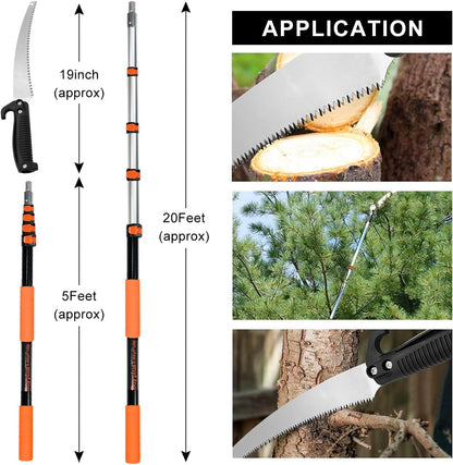 26FT Reach Pole Saws for Tree Trimming, Pole Saw with 5-20FT Telescoping Extension Pole, Pruning Saw with 19" 3X Detachable Saw, Non-Slip Handle, Tree Trimmer for Garden Palms Shrubs