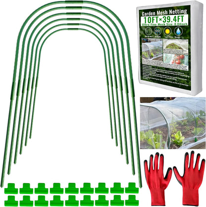 Garden Netting Kit for Raised Beds, Durable Ultra Fine Garden mesh Netting with 6 Set Fiberglass Garden Hoops, Bird Barrier Protection Net Vegetable Plant Cover Fruit Flowers Row Cover(10 * 39.4FT)