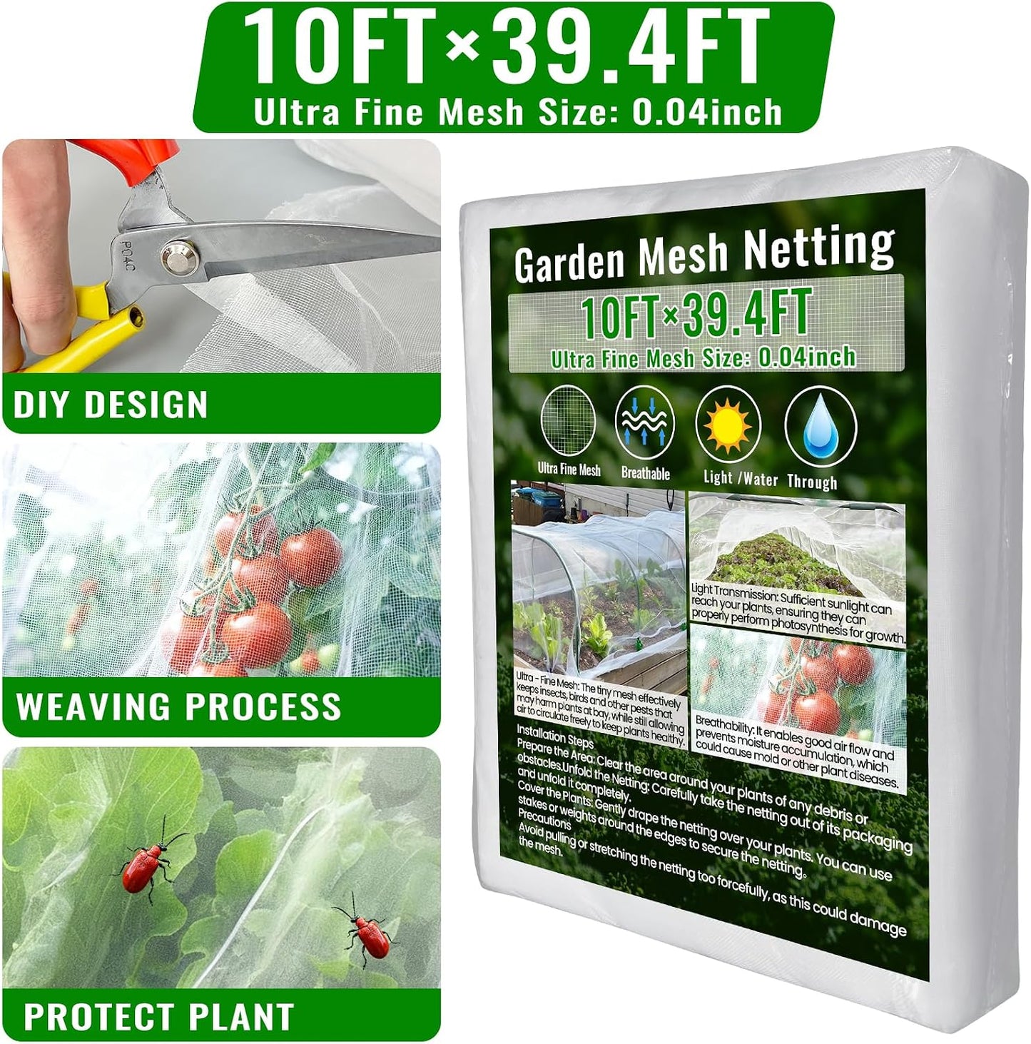 Garden Netting Kit for Raised Beds, Durable Ultra Fine Garden mesh Netting with 6 Set Fiberglass Garden Hoops, Bird Barrier Protection Net Vegetable Plant Cover Fruit Flowers Row Cover(10 * 39.4FT)