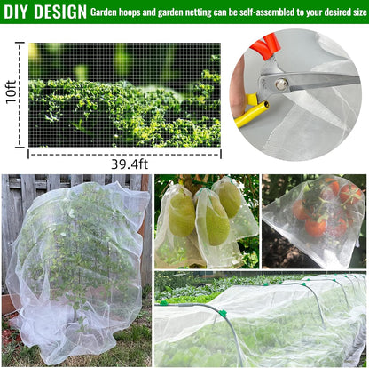 Garden Netting Kit for Raised Beds, Durable Ultra Fine Garden mesh Netting with 6 Set Fiberglass Garden Hoops, Bird Barrier Protection Net Vegetable Plant Cover Fruit Flowers Row Cover(10 * 39.4FT)