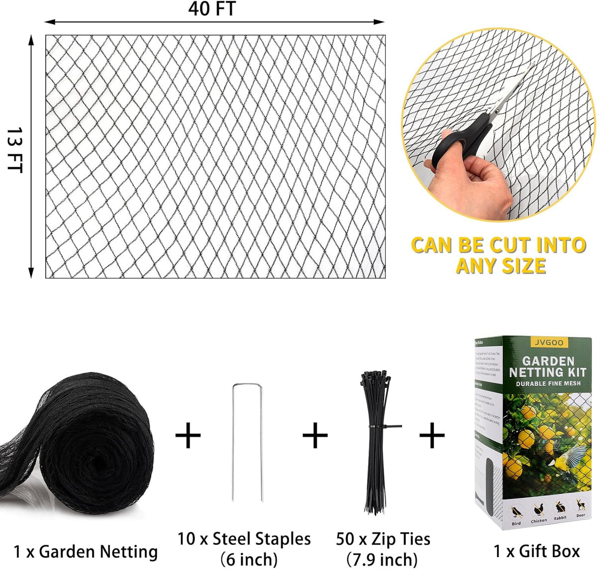 Bird Netting for Garden, 13 x 40 FT Bird Netting for Chicken Coop, Heavy Duty Garden Poultry Net Mesh with Ties and Staples for Fruit Trees Vegetables Against Birds, Deer, Squirrels