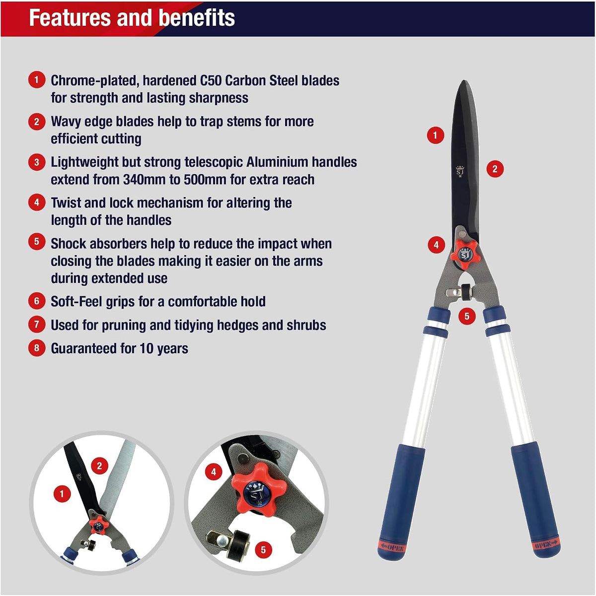 Razorsharp Telescopic Hedge Shears, Adjustable Length, Carbon Steel Blades, Ergonomic Handles for Comfortable Pruning