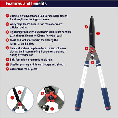 Razorsharp Telescopic Hedge Shears, Adjustable Length, Carbon Steel Blades, Ergonomic Handles for Comfortable Pruning
