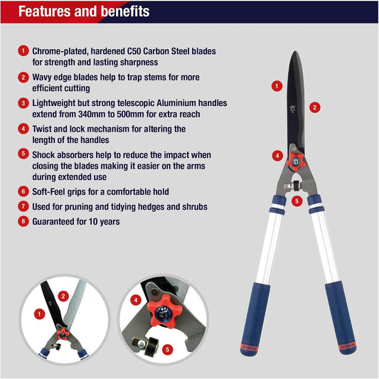 Razorsharp Telescopic Hedge Shears, Adjustable Length, Carbon Steel Blades, Ergonomic Handles for Comfortable Pruning