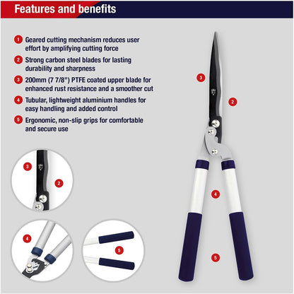 Razorsharp Telescopic Hedge Shears, Adjustable Length, Carbon Steel Blades, Ergonomic Handles for Comfortable Pruning