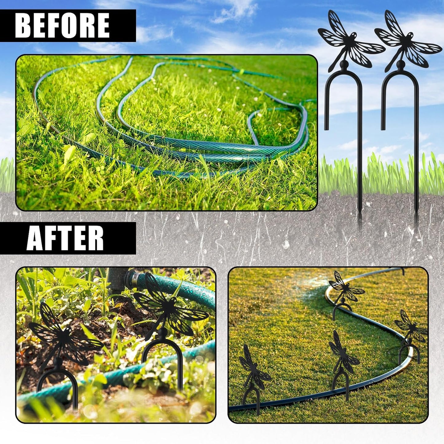 6 Pcs 8 Inch Garden Hose Guide Spike Metal Garden Stakes Holder Heavy Duty Metal Hose Guide for Plant Protection Lawn Yard(Dragonfly)
