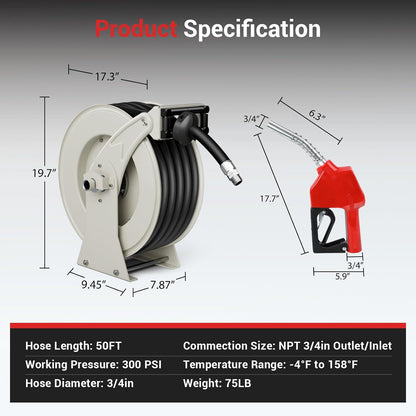 Diesel Fuel Hose Reel 3/4'' x 50ft, Retractable Reel with Fueling Nozzle