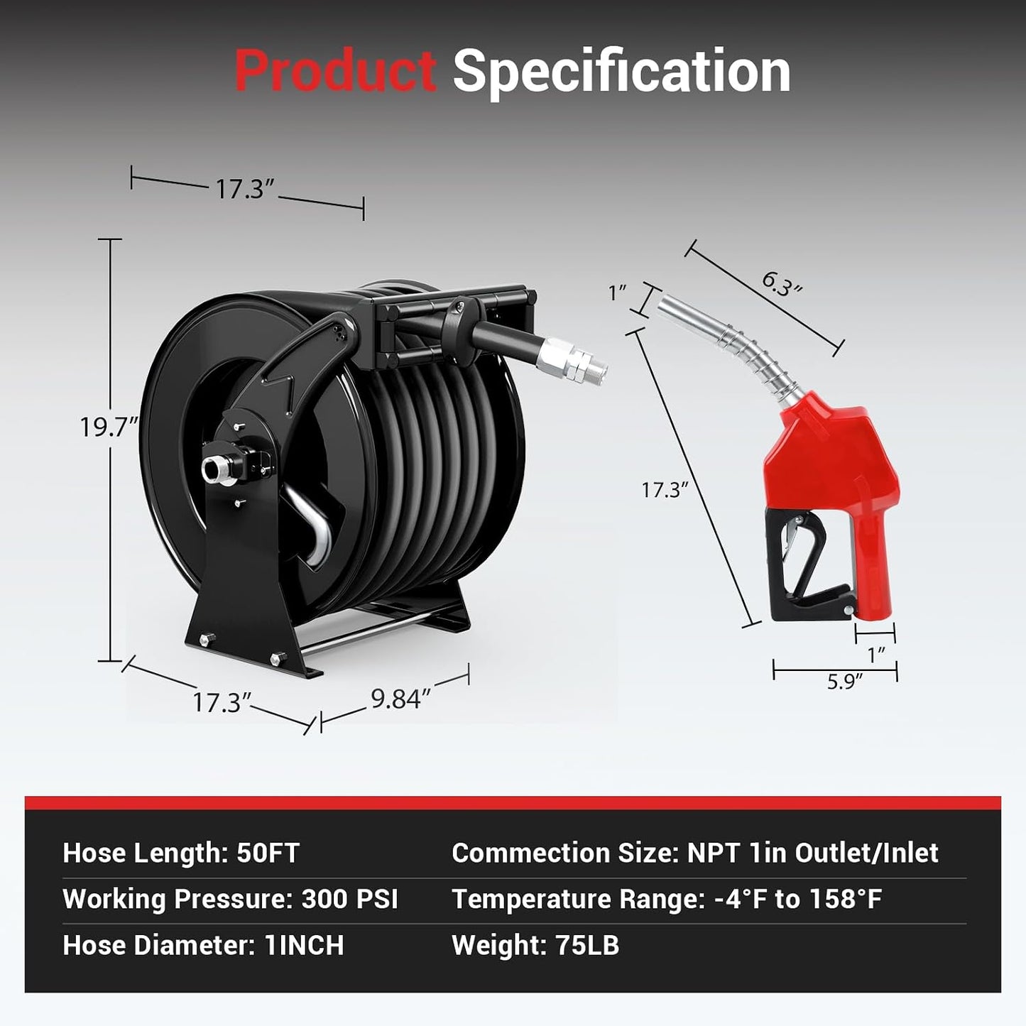 Diesel Fuel Hose Reel 3/4'' x 50ft, Retractable Reel with Fueling Nozzle