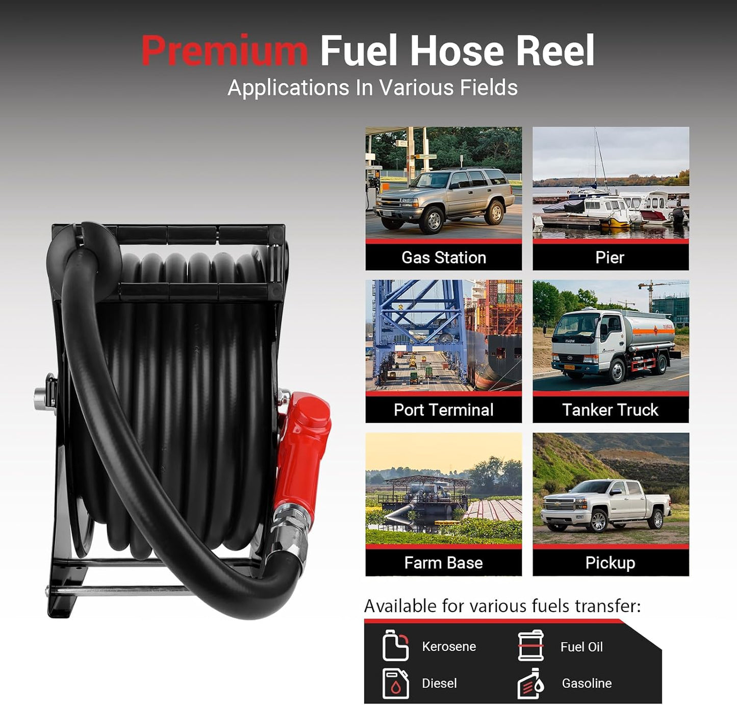 Diesel Fuel Hose Reel 3/4'' x 50ft, Retractable Reel with Fueling Nozzle