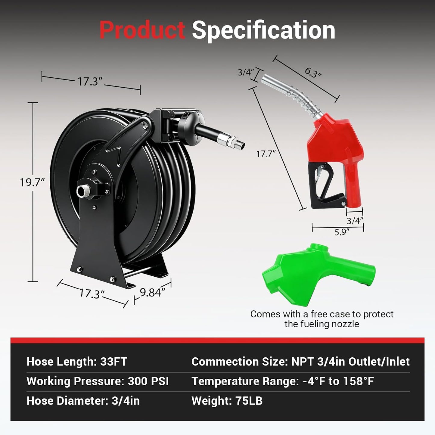 Diesel Fuel Hose Reel 3/4'' x 50ft, Retractable Reel with Fueling Nozzle
