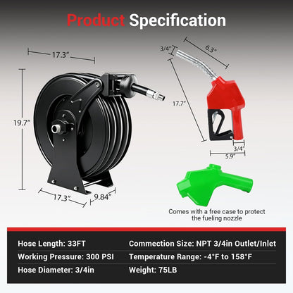Diesel Fuel Hose Reel 3/4'' x 50ft, Retractable Reel with Fueling Nozzle