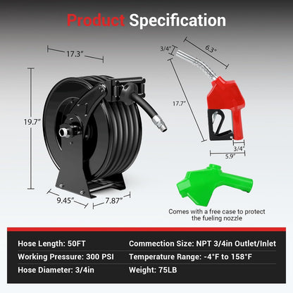 Diesel Fuel Hose Reel 3/4'' x 50ft, Retractable Reel with Fueling Nozzle