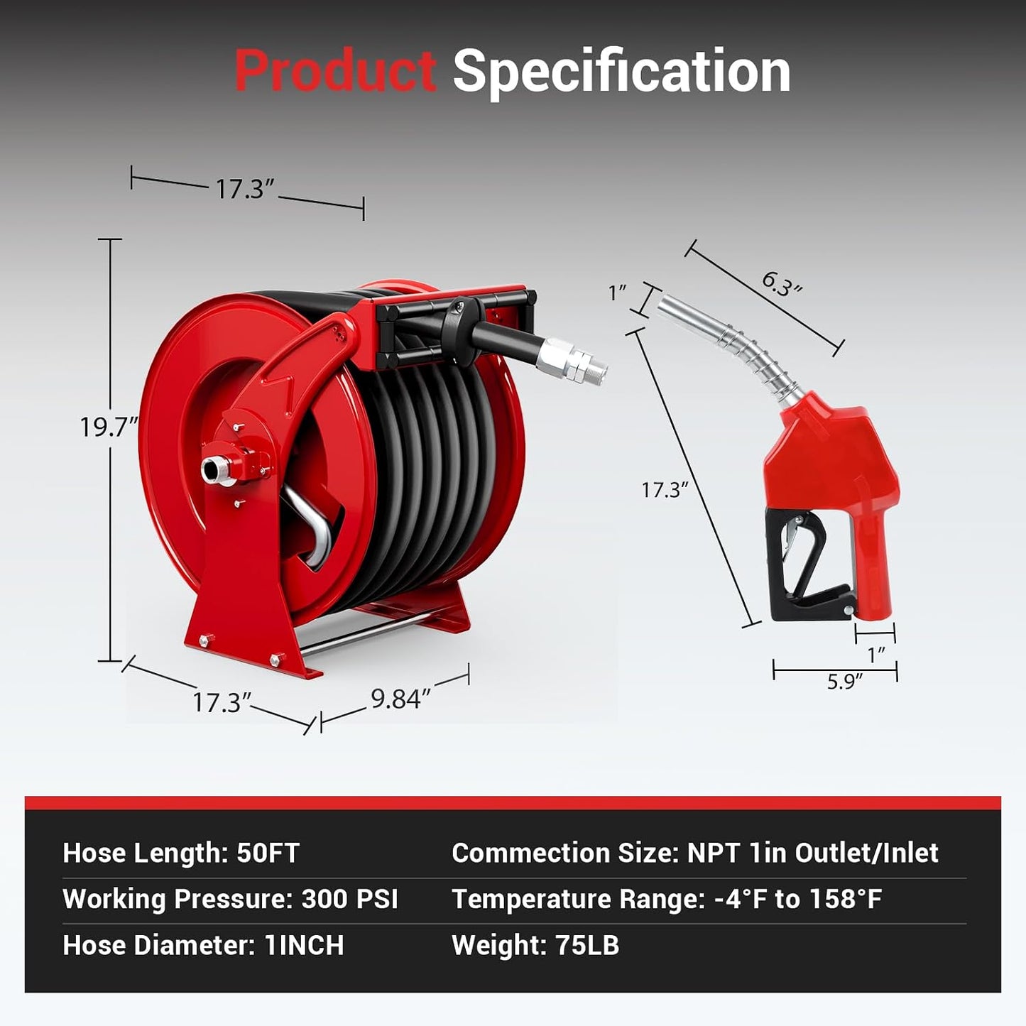 Diesel Fuel Hose Reel 3/4'' x 50ft, Retractable Reel with Fueling Nozzle