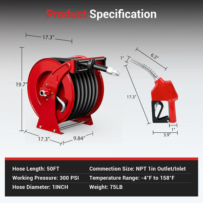 Diesel Fuel Hose Reel 3/4'' x 50ft, Retractable Reel with Fueling Nozzle