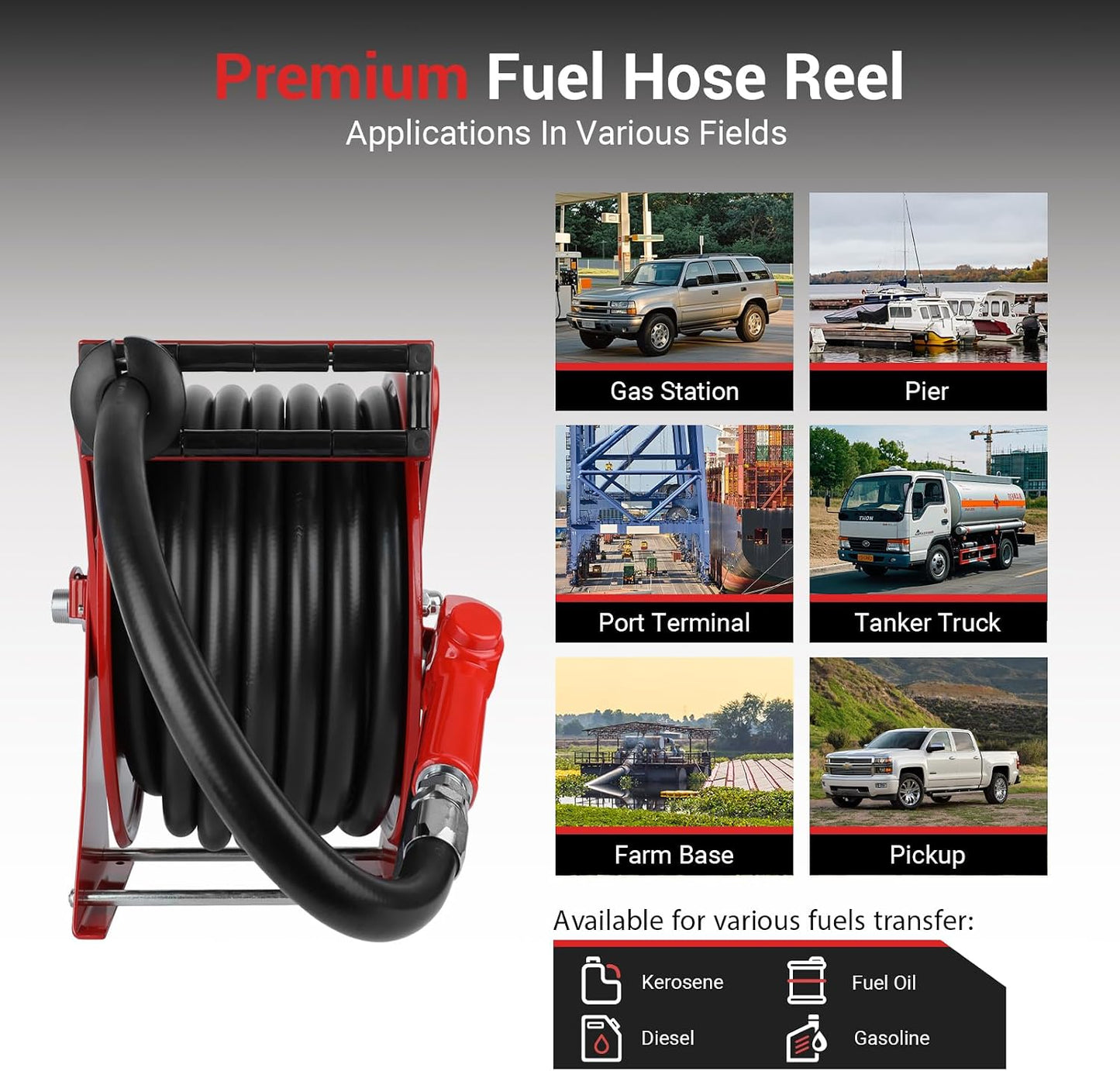 Diesel Fuel Hose Reel 3/4'' x 50ft, Retractable Reel with Fueling Nozzle