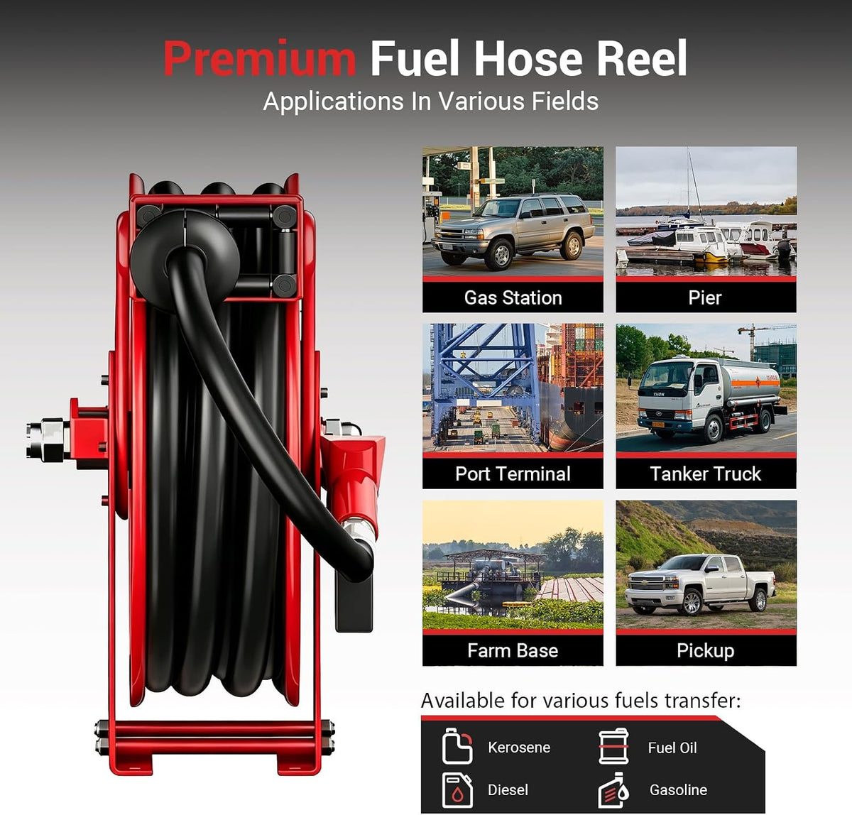 Diesel Fuel Hose Reel 3/4'' x 50ft, Retractable Reel with Fueling Nozzle