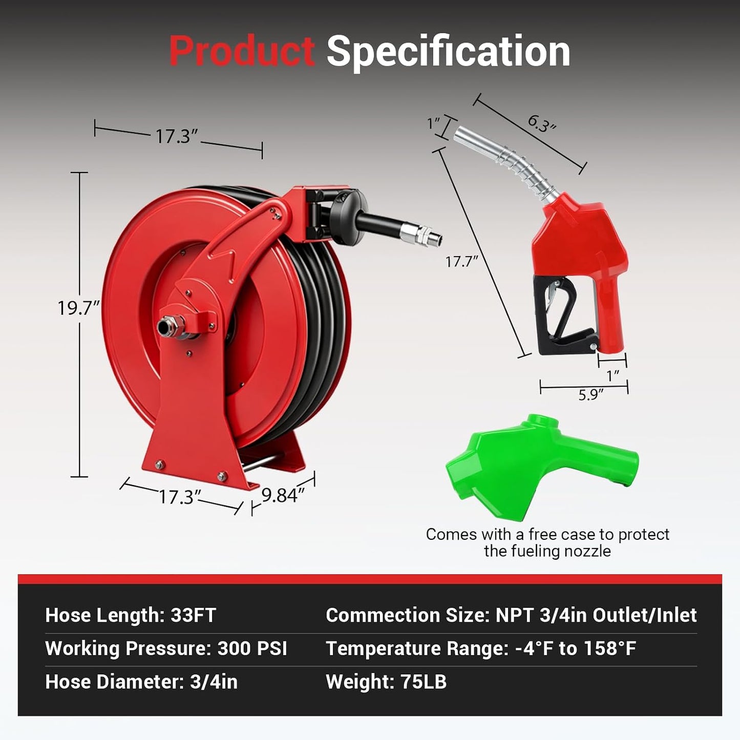 Diesel Fuel Hose Reel 3/4'' x 50ft, Retractable Reel with Fueling Nozzle