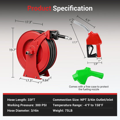 Diesel Fuel Hose Reel 3/4'' x 50ft, Retractable Reel with Fueling Nozzle