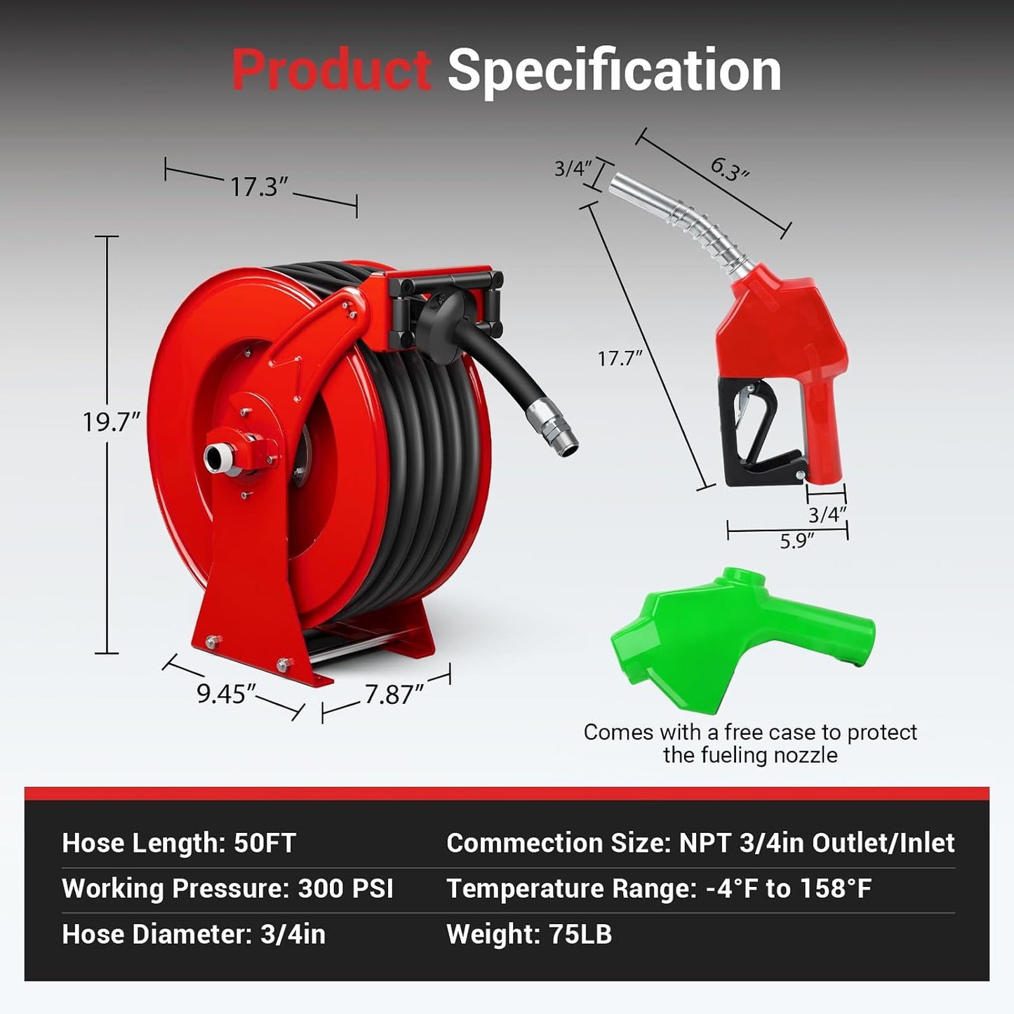 Diesel Fuel Hose Reel 3/4'' x 50ft, Retractable Reel with Fueling Nozzle