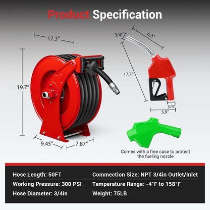 Diesel Fuel Hose Reel 3/4'' x 50ft, Retractable Reel with Fueling Nozzle
