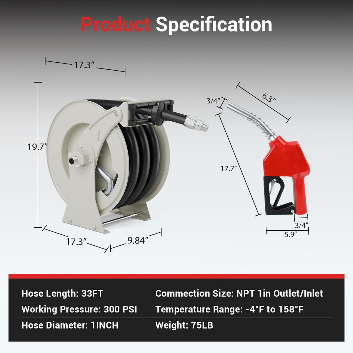 Diesel Fuel Hose Reel 3/4'' x 50ft, Retractable Reel with Fueling Nozzle