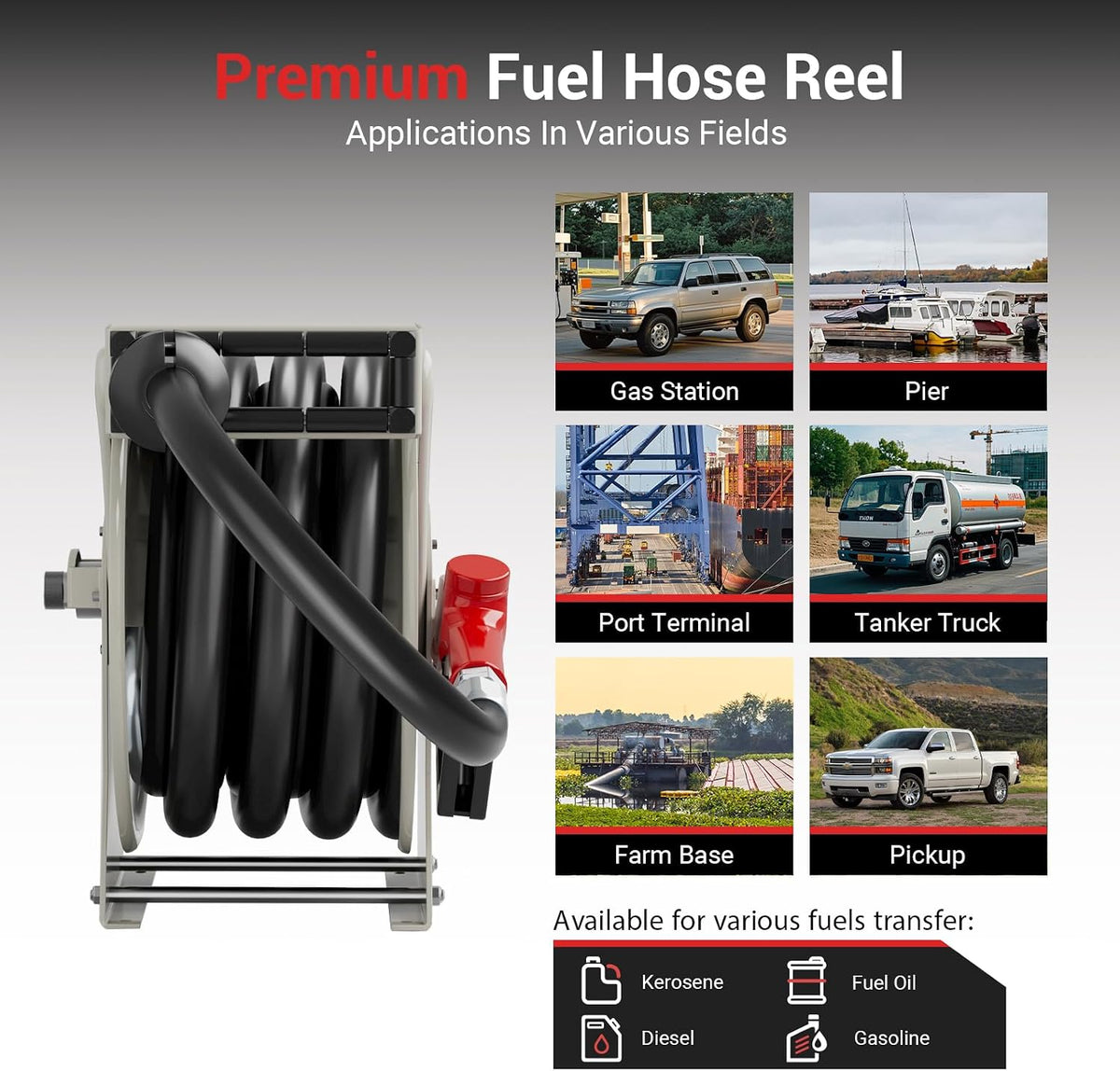 Diesel Fuel Hose Reel 3/4'' x 50ft, Retractable Reel with Fueling Nozzle