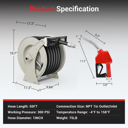 Diesel Fuel Hose Reel 3/4'' x 50ft, Retractable Reel with Fueling Nozzle