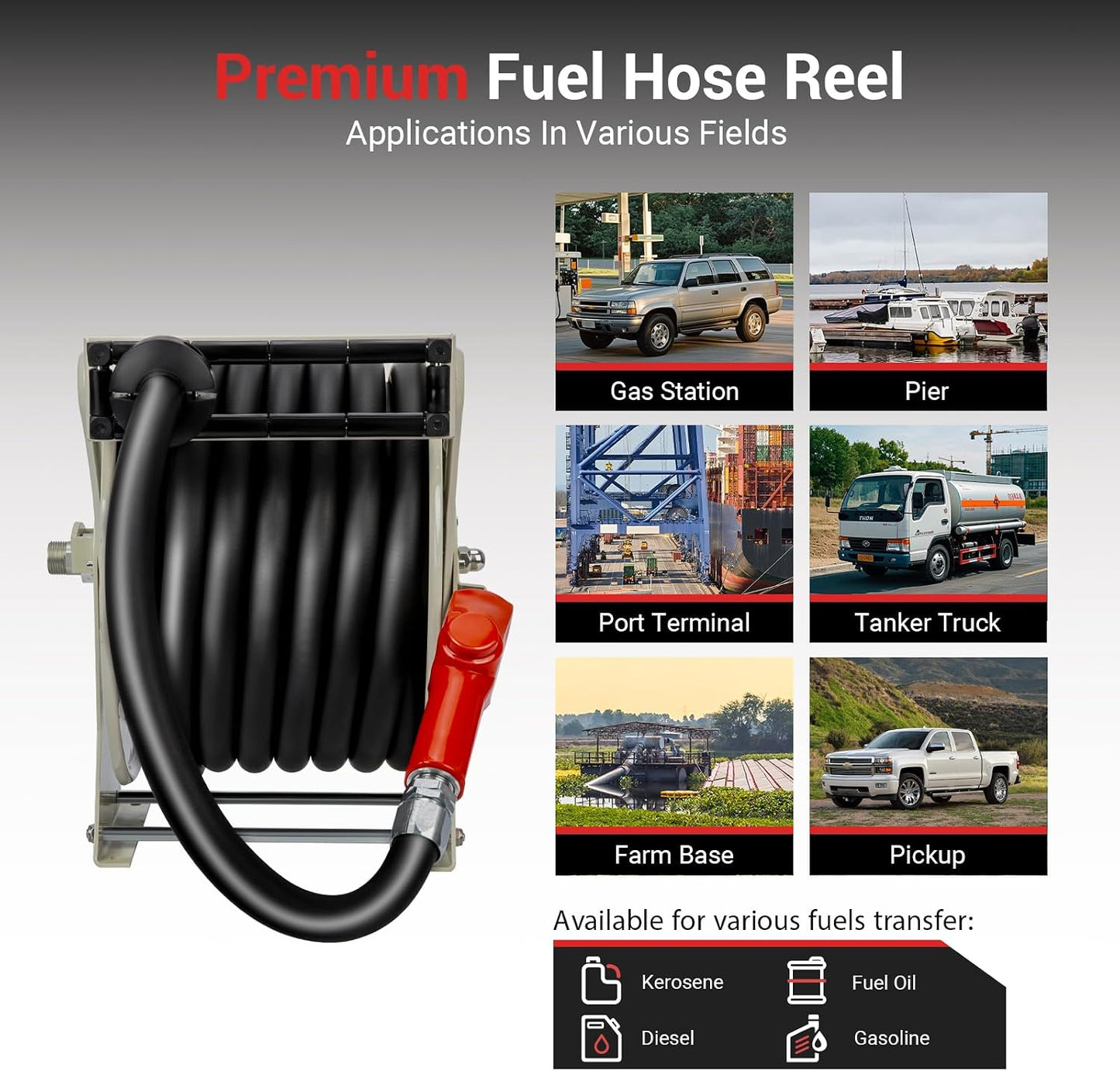 Diesel Fuel Hose Reel 3/4'' x 50ft, Retractable Reel with Fueling Nozzle