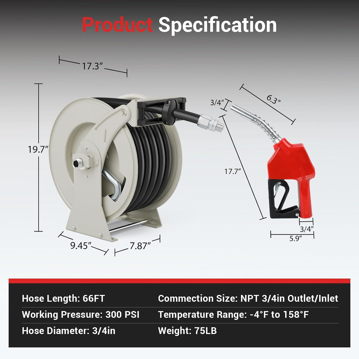 Diesel Fuel Hose Reel 3/4'' x 50ft, Retractable Reel with Fueling Nozzle