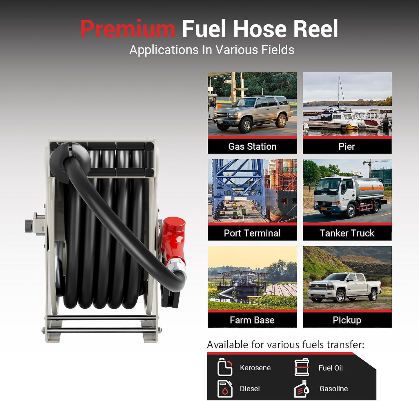 Diesel Fuel Hose Reel 3/4'' x 50ft, Retractable Reel with Fueling Nozzle
