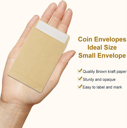 100 Pack Coin Envelope 3.23"×4.53",Brown Kraft Small Envelopes,Fully sealed seed envelope，Kraft Small Coin Envelopes,Seed Envelopes, Mini Envelope for Office, Home, School