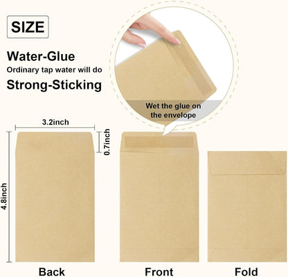 100 Pack Coin Envelope 3.23"×4.53",Brown Kraft Small Envelopes,Fully sealed seed envelope，Kraft Small Coin Envelopes,Seed Envelopes, Mini Envelope for Office, Home, School