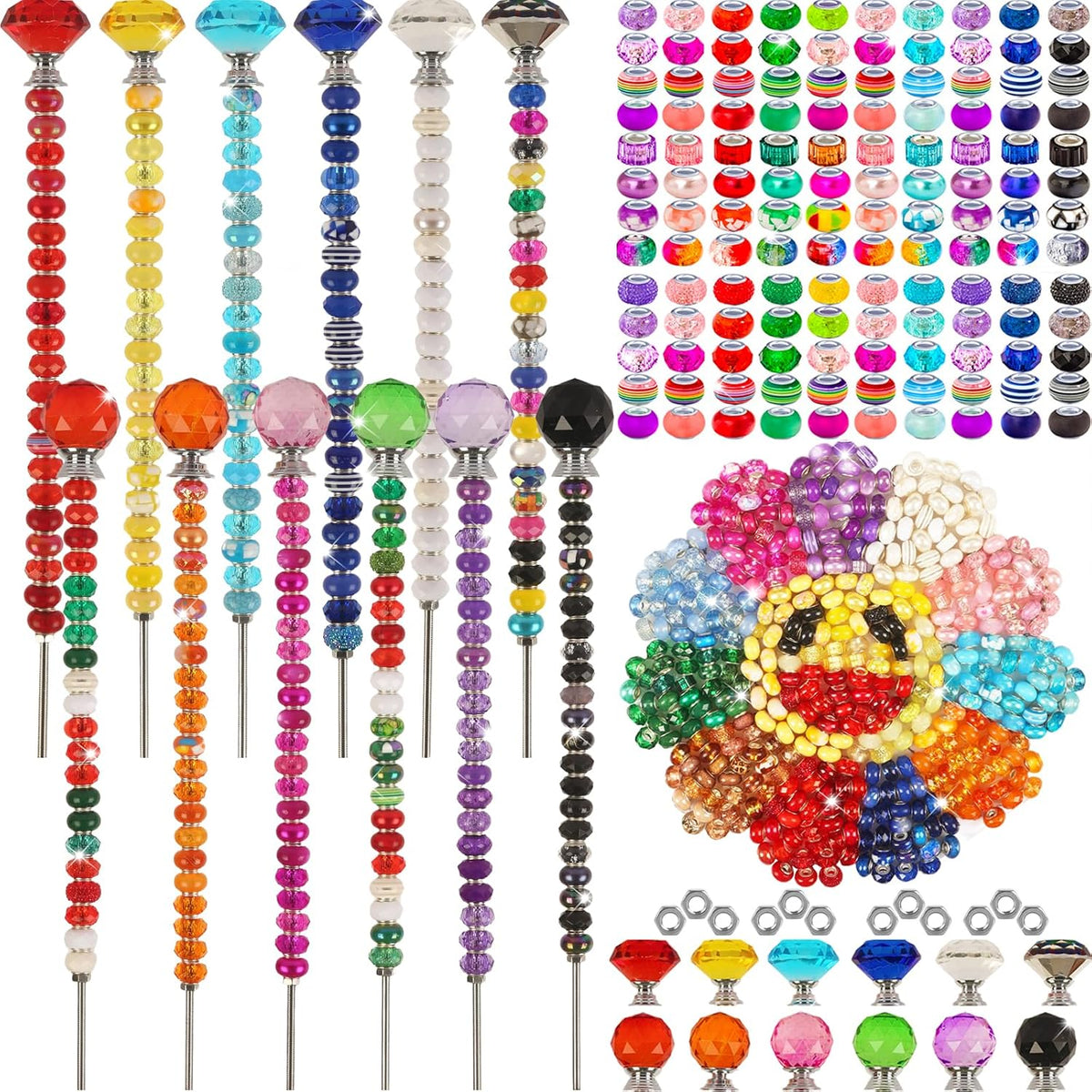 119 Pcs Garden Stake DIY Fairy Wand Plant Stake with Purple Large Hole Beads Crystal Diamond Stopper Top 4 Stainless Steel Threaded Rod Beaded Garden Stakes for Outdoor Indoor Yard Patio Decorations