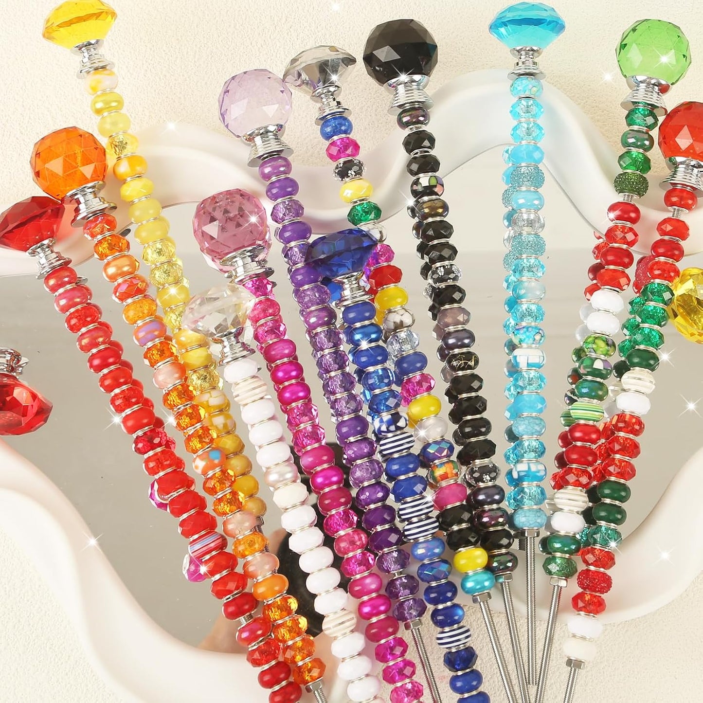 119 Pcs Garden Stake DIY Fairy Wand Plant Stake with Purple Large Hole Beads Crystal Diamond Stopper Top 4 Stainless Steel Threaded Rod Beaded Garden Stakes for Outdoor Indoor Yard Patio Decorations