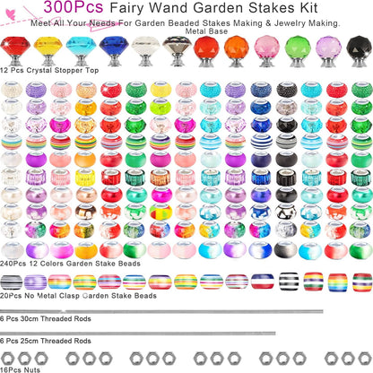 119 Pcs Garden Stake DIY Fairy Wand Plant Stake with Purple Large Hole Beads Crystal Diamond Stopper Top 4 Stainless Steel Threaded Rod Beaded Garden Stakes for Outdoor Indoor Yard Patio Decorations