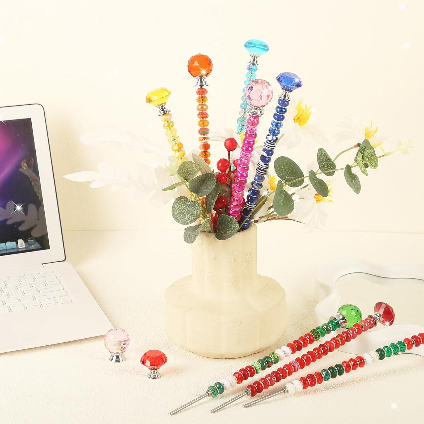 119 Pcs Garden Stake DIY Fairy Wand Plant Stake with Purple Large Hole Beads Crystal Diamond Stopper Top 4 Stainless Steel Threaded Rod Beaded Garden Stakes for Outdoor Indoor Yard Patio Decorations