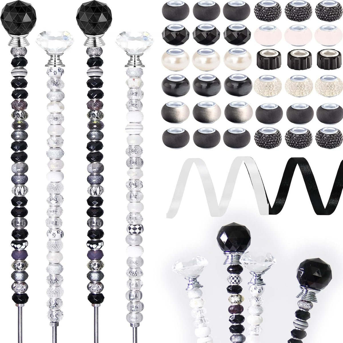 119 Pcs Garden Stake DIY Fairy Wand Plant Stake with Purple Large Hole Beads Crystal Diamond Stopper Top 4 Stainless Steel Threaded Rod Beaded Garden Stakes for Outdoor Indoor Yard Patio Decorations