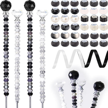 119 Pcs Garden Stake DIY Fairy Wand Plant Stake with Purple Large Hole Beads Crystal Diamond Stopper Top 4 Stainless Steel Threaded Rod Beaded Garden Stakes for Outdoor Indoor Yard Patio Decorations