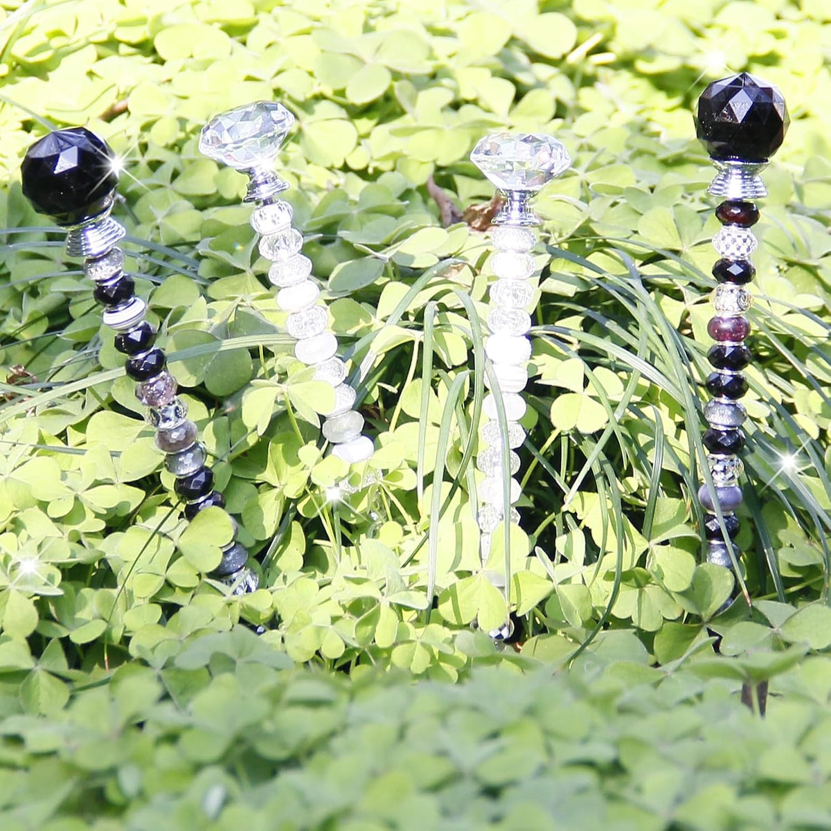 119 Pcs Garden Stake DIY Fairy Wand Plant Stake with Purple Large Hole Beads Crystal Diamond Stopper Top 4 Stainless Steel Threaded Rod Beaded Garden Stakes for Outdoor Indoor Yard Patio Decorations