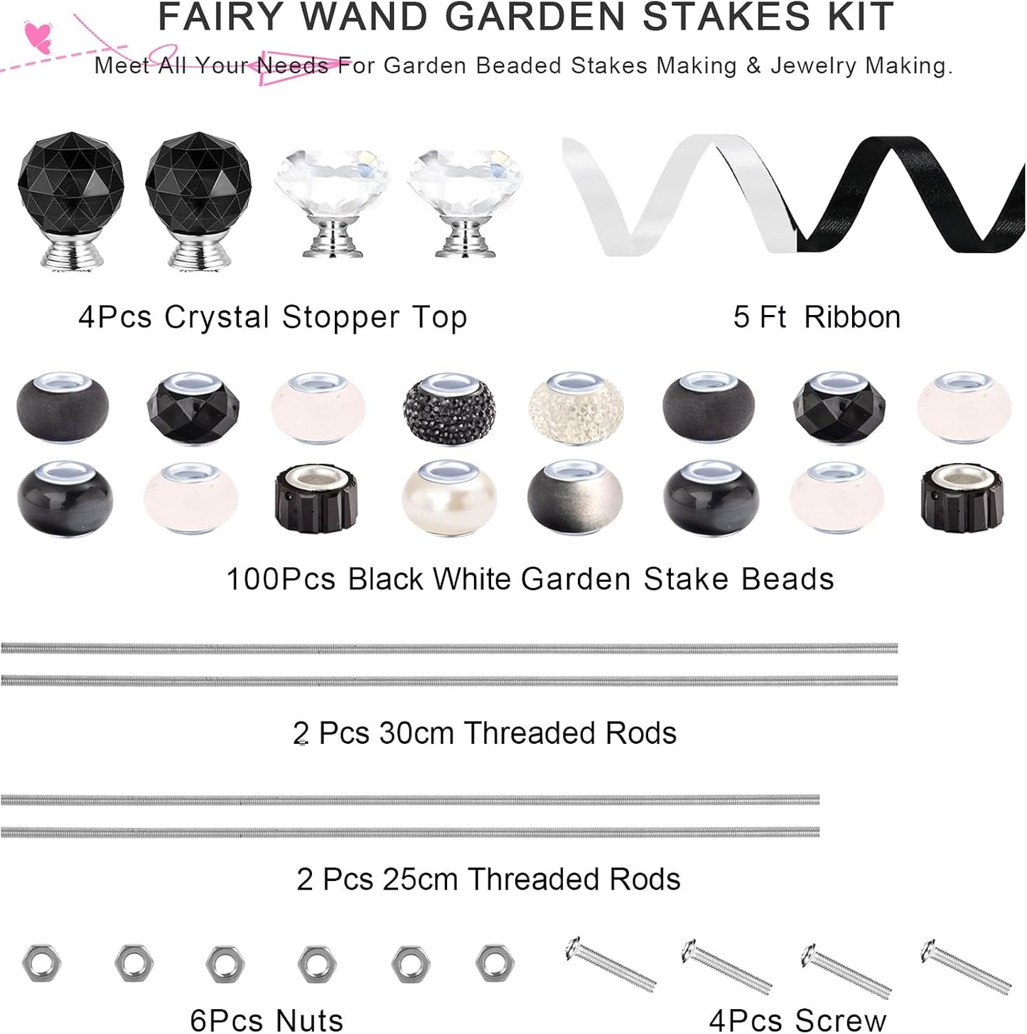 119 Pcs Garden Stake DIY Fairy Wand Plant Stake with Purple Large Hole Beads Crystal Diamond Stopper Top 4 Stainless Steel Threaded Rod Beaded Garden Stakes for Outdoor Indoor Yard Patio Decorations