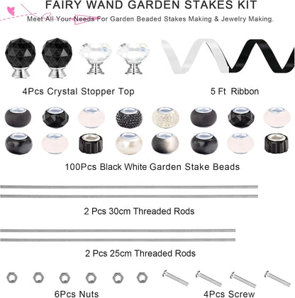 119 Pcs Garden Stake DIY Fairy Wand Plant Stake with Purple Large Hole Beads Crystal Diamond Stopper Top 4 Stainless Steel Threaded Rod Beaded Garden Stakes for Outdoor Indoor Yard Patio Decorations