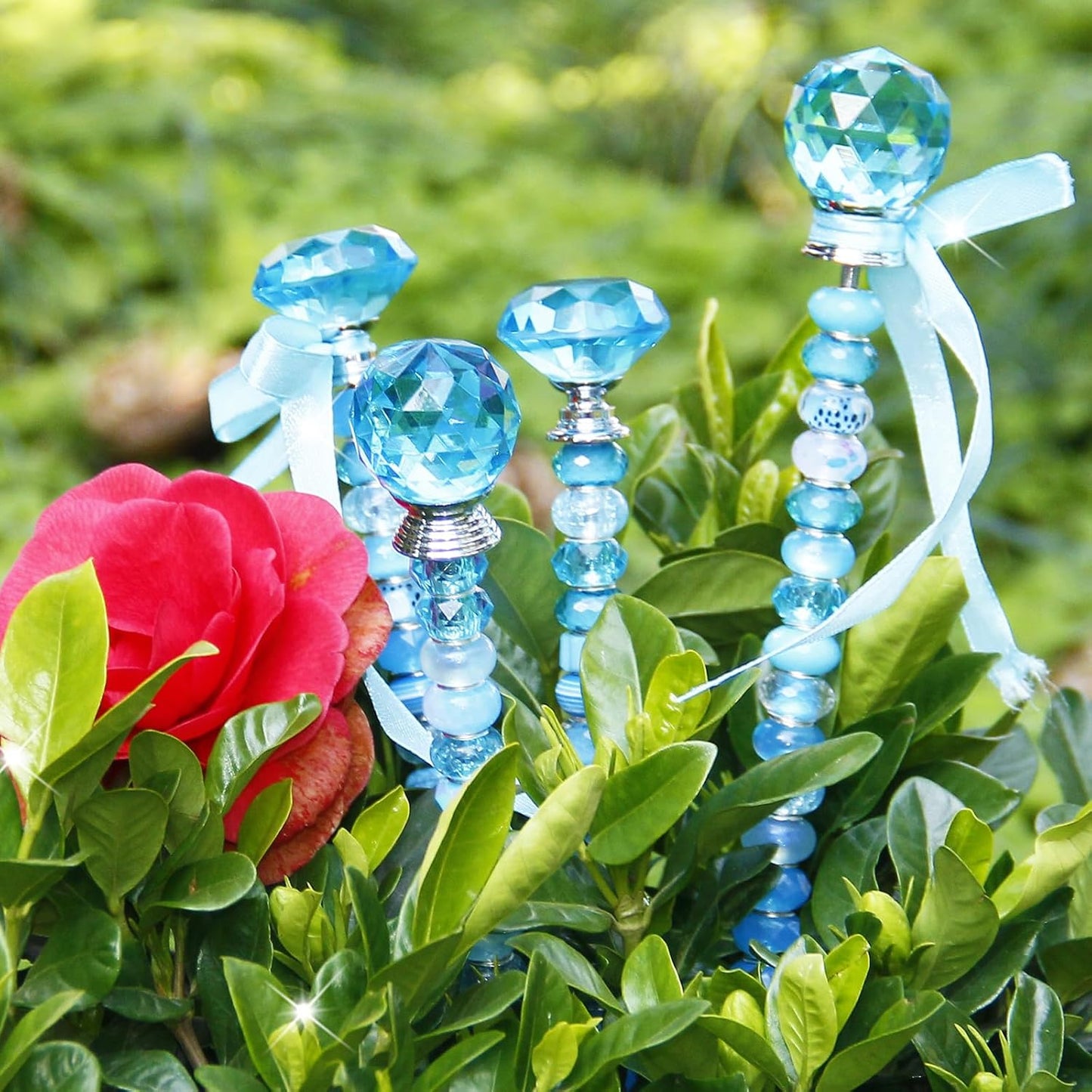 119 Pcs Garden Stake DIY Fairy Wand Plant Stake with Purple Large Hole Beads Crystal Diamond Stopper Top 4 Stainless Steel Threaded Rod Beaded Garden Stakes for Outdoor Indoor Yard Patio Decorations